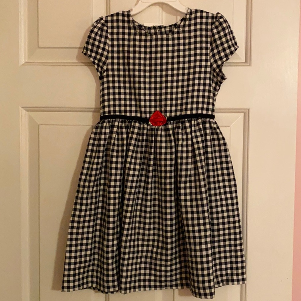 Black & White gingham dress with red overcoat
